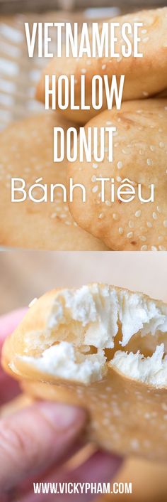 there is a person holding some food in their hand and the words vietnamese hollow donut banh teu on it