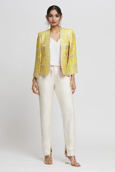 Yellow blazer with resham embroidery in floral pattern. - Aza Fashions Elegant Nehru Jacket For Formal Spring Occasions, Elegant Spring Nehru Jacket For Formal Occasions, Elegant Formal Spring Nehru Jacket, Designer Silk Blazer For Spring, Festive Embroidered Workwear Blazer, Festive Embroidered Blazer For Workwear, Festive Embroidered Blazer For Work, Spring Wedding Embellished Blazer, Elegant Nehru Jacket With Intricate Embroidery For Spring