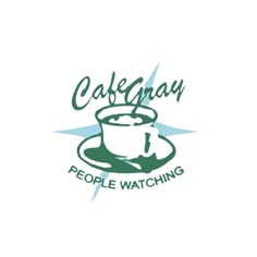 the logo for cafgany people watching, with a coffee cup on top of it