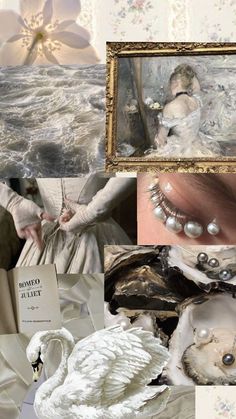 a collage of photos with swans, pearls and other things in it's image