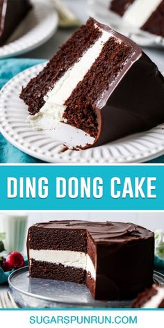 two pictures side by side showing the same chocolate cake with white frosting on top