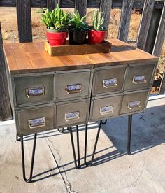 an old metal filing cabinet with three plants on it's top and two potted succulents in the middle