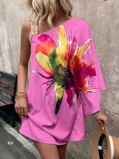 Women's Floral Print Asymmetric Neck Batwing Sleeve Loose Casual Midi Dress Multicolor Boho  Sleeveless Woven Fabric Floral,Plants,All Over Print Tunic Non-Stretch  Women Clothing, size features are:Bust: ,Length: ,Sleeve Length: Spring Floral Print Pink One Shoulder Dress, Spring Pink One Shoulder Dress With Floral Print, Pink Floral One Shoulder Dress, Pink One-shoulder Midi Dress For Summer, Asymmetrical Printed Summer Dresses, Summer Dresses With Asymmetrical Hem In Multicolor, Pink One-shoulder Mini Dress With Floral Print, Pink Mini Dress With Asymmetrical Neckline For Spring, Multicolor Asymmetrical Spring Dress