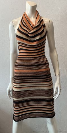 This beautiful knit cowl neck dress is a hand made work of art. Peach, brown, and cream threads are striped in an organic fashion. This piece fits size 0 - 10 and will mold to your curves. Hand loomed one of a kind piece by Karelle Levy in 2009 Organic Fashion, Cowl Neck Dress, Knit Cowl, Beautiful Knitting, Halterneck Dress, Donna Karan, Crochet Clothes, Denim Fashion, Cowl Neck