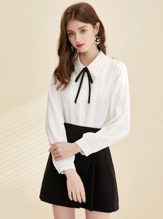 ❤︎Ribboned lapel puff sleeve chiffon shirt❤︎ White Shirt Outfits, Aesthetic Galaxy, Stylish Work Outfits, Crop Top And Shorts, Jewelry Outfit, Outfits With Hats, Chiffon Shirt, Korean Outfits, Shirt Outfit