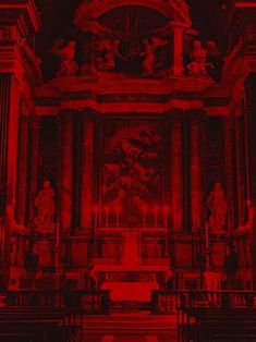 the interior of a church with red lighting