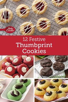 twelve festive thumbprint cookies with chocolate and marshmallows