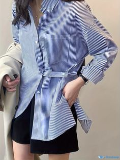 Orcajump - Striped Print Split Shirt, Casual Button Front Long Sleeve Shirt, Women's Clothing Casual Collar Spring Office Tops, Casual Collar Tops For Office In Spring, Casual Shirt With Casual Collar For Office, Casual Office Shirt With Casual Collar, Spring Casual Collar Top For Workwear, Casual Collar Tops For Spring Workwear, Spring Workwear Tops With Casual Collar, Casual Long Sleeve Blouse With Button Closure, Spring Shirt With Button Closure And Casual Collar