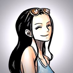 a drawing of a woman with sunglasses on her head and long dark hair, wearing a tank top