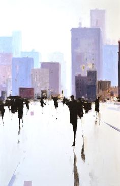 a painting of people walking in the city