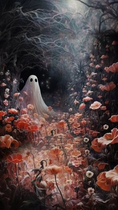 a painting of a ghost in a field of flowers