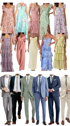 many different types of dresses and suits on mannequin's dummys in front of a white background