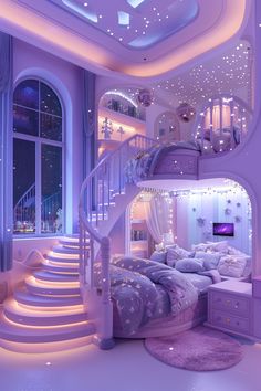 a bedroom with purple walls and stairs leading up to the second story bed room in front of a large window