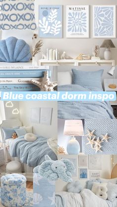 a collage of blue and white bedroom decor