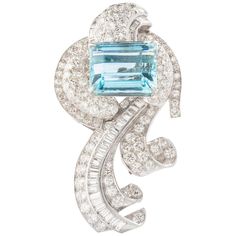 Aquamarine (approximately 17.50 carats) on a Round and Baguette cut Diamond (approximately 5.00 carats) Platinum Brooch convertible in Pendant. Circa 1935. Total length: 2.36 inches (6.00 centimeters). Art Deco Diamond Brooch, Art Deco Pendant Necklace, Brooch Art, 1st Dibs, Art Deco Brooch, Fancy Yellow Diamond, Art Deco Pendant, Diamond Brooch, Baguette Cut Diamond