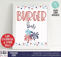 a sign that says burgerer bar with fireworks and stars on the bottom in red, white, and blue