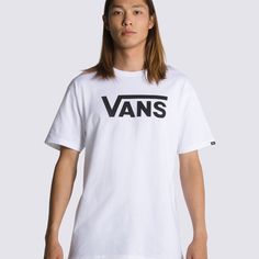 The Vans Classic T-Shirt creates the ideal casual fit with its breathable material and Vans logo on the front.100% Cotton fabricShort sleeveModel wearing size Medium | Vans Classic T-Shirt Men's Small Basic Relaxed Fit T-shirt With Logo, Cotton T-shirt With Front Logo And Relaxed Fit, White Casual T-shirt With Front Logo, Vans Cotton Graphic Tee, Vans Graphic Short Sleeve T-shirt, Vans Short-sleeved Graphic Tee, Vans Cotton T-shirt For Streetwear, Vans Crew Neck T-shirt For Streetwear, Cotton Logo T-shirt With Short Sleeves