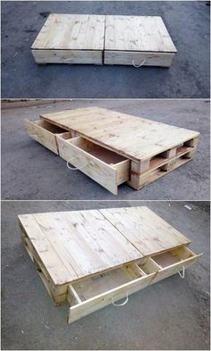 three different views of the same table made out of pallets