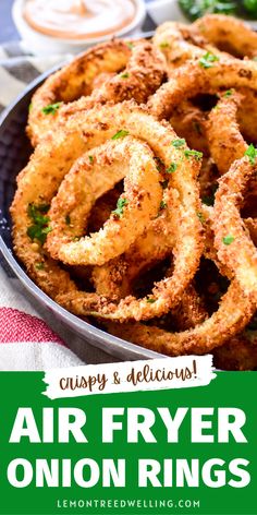 air fryer onion rings in a pan on a table