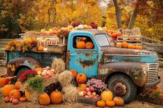 an old truck with pumpkins and gourds in the bed is surrounded by fall foliage