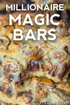 a close up of some food with the words millionaire magic bars in front of it