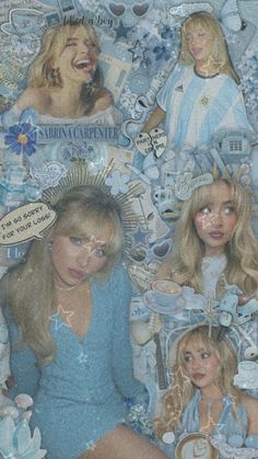 a collage of women in blue dresses and tiaras with words written on them