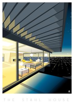 an illustration of a living room and dining area overlooking the city skyline at night time