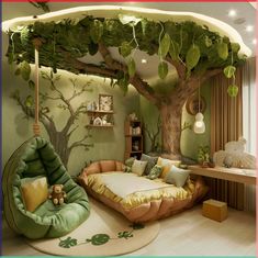 a bedroom decorated in green and yellow with a tree on the wall