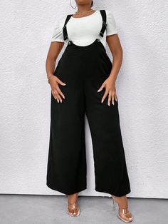 Black Casual Collar Sleeveless Fabric Plain Overall Embellished Non-Stretch  Women Plus Clothing Wide Leg Overalls, Jumpsuit Plus Size, Plus Size Jumpsuit, Kids Beachwear, Black Casual, Fashion Online Shop, Plus Clothing, All Fashion, Women Clothes Sale