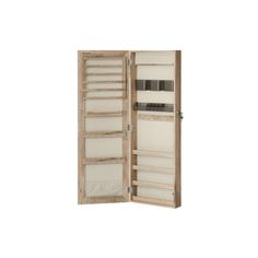 an open wooden cabinet with several compartments