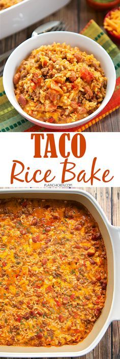 taco rice bake in a white casserole dish on a wooden table