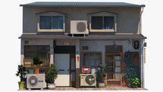 an air conditioner sitting on the outside of a house next to plants and potted plants