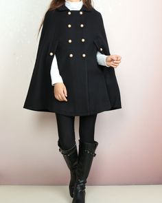 * A cool and long woolen cape coat, very elegant. * With gold color buttons and fully lined with lining. * Material: Outer-50% wool, 50% polyester; lining-100% polyester Shop sizing chart FYI ( actual body figures, not laying flat clothes measurements) Size XS (US 2, UK 6, German 32, French 34) Bust: fits bust around 33.5 inches/85cm Waist: fits waist around 26 inches/66cm Hips: fits hips around 36 inches/91cm Size S (US 6, UK 10, German 36, French 38) Bust: fits bust around 35.5 inches/90cm Wai Winter Cape Coat, Cloak Jacket, Wool Cloak, Poncho Fashion, Wool Cape Coat, Long Coat Jacket, Concept Clothing, Ladies Poncho, Wool Poncho