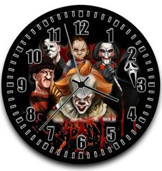 a clock with the faces of three evil clowns on it's face and hands