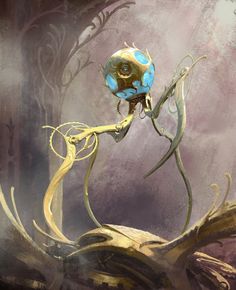 an artistic painting of a blue and yellow alien standing in the middle of a forest