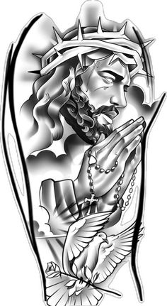 a black and white drawing of the face of jesus with his hands folded in prayer