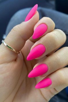 Neon Pink Nails Almond Shape, Hot Pink Matte Nails Design, Fuschia Almond Nails, Cute Pink Nails Almond, Stiletto Nails Medium Length, Matt Pink Nails, Bright Pink Almond Nails, Pink Nails Hot Pink, Gel Nails Stiletto