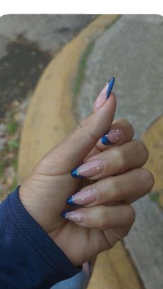 Royal Blue Chrome French Tip Nails, Nail Inspo Trendy Blue, Blue Oval Acrylic Nails, Cool Nail Inspo Almond, Nails To Go With Blue Dress, Nails Inspo Trendy 2023, Navy Nails Almond, Nails Inspiration 2024, Nail Inspo Trendy 2024