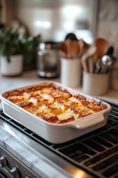 a casserole dish sitting on top of an oven