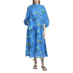 Erdem dress featuring a floral print, bib front, and waist gathering detail Band collar; quarter-button front 3/4 puff sleeves Hem falls below the knee Shift silhouette Cotton/linen Dry clean, professional cleaning recommended Imported 3/4 Sleeve Floral Midi Dress For Daywear, Floral Print Midi Dress With 3/4 Sleeves For Daywear, Spring Midi Dress With 3/4 Gathered Sleeves, Erdem Dress, Evening Flats, Cocktail Jacket, Midi Shift Dress, Band Collar, Long Sleeve Midi