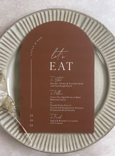 Burnt orange contemporary die-cut arched wedding menu. with white text. Private Dinner Menu Design, Wedding Menu Modern, Arch Menu Wedding, Carte Menu Restaurant Design, Fall Menu Design, Wedding Menu Ideas Design, Menu Design Ideas Wedding, Menu Card Design Creative, Set Menu Design