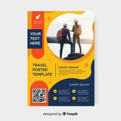 a travel poster template with two people standing on top of a mountain and holding hands