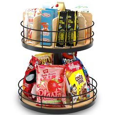 two tiered trays filled with snacks