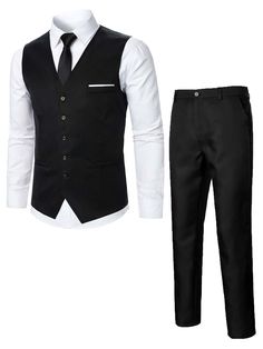 Black Work Collar Sleeveless  Plain  Embellished Non-Stretch All Men Clothing White Vest Suit, White Vest Outfit, Waiter Outfit, Terno Slim, Black Waistcoat, Waistcoat Men, Vest Outfit, Mens Fashion Blazer