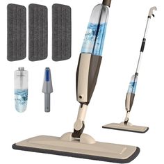 several different types of vacuums and cleaning supplies