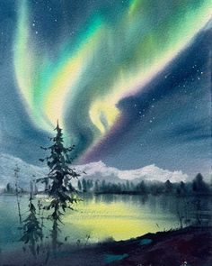 a painting of the aurora bore over a body of water with trees in front of it