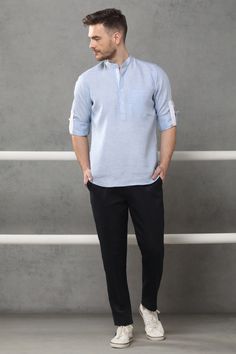 Greet summer days with this band collar short kurta woven in 100% linen. Variant in colors the kurta can be well teamed up with trousers of your choice. Linen Kurta For Men, Old Man Outfit, Short Kurta For Men, Confident Men, Short Kurti Designs, Mens Tunic, Sherwani For Men Wedding, Dream Frame, Formal Pant