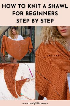 a woman wearing an orange shawl with the words how to knit a shawl for beginners step by step