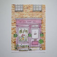 a drawing of a flower shop in front of a brick building with potted plants