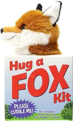 a stuffed fox sitting on top of a box with the words hug a fox kit